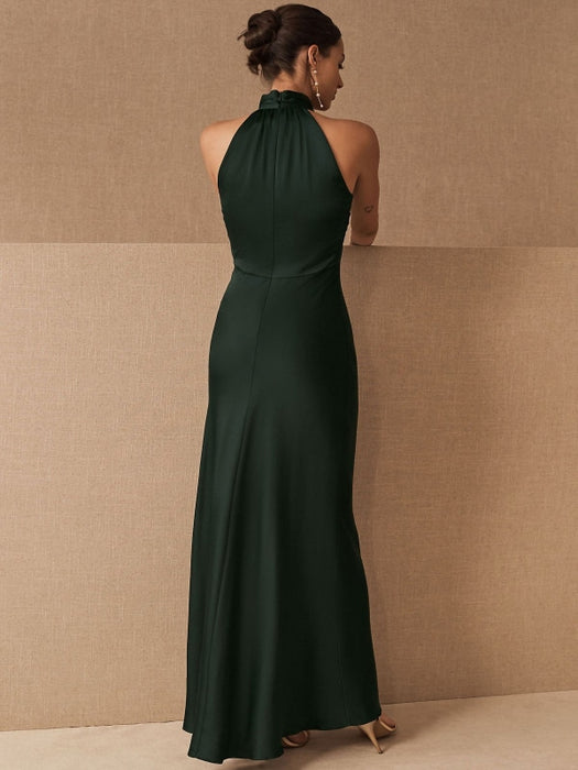 Black Evening Dress A-Line Sleeveless Halter Matte Satin Floor-Length Pleated Formal Dinner Dresses