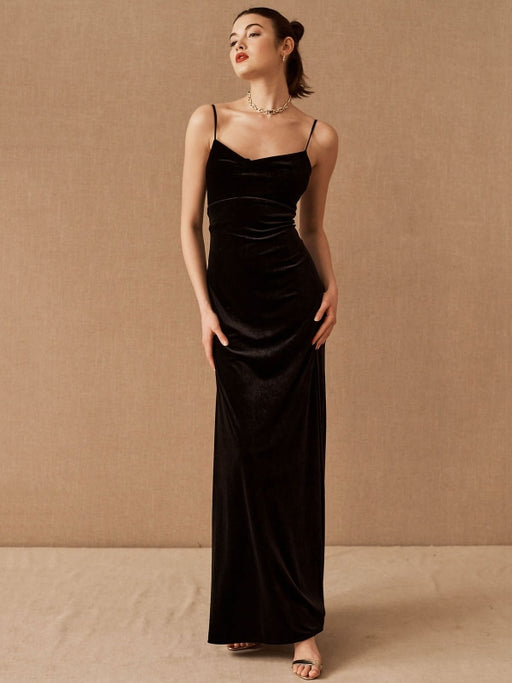 Black Evening Dress A-Line Sweetheart Neck Sleeveless Velour Floor-Length Social Party Dresses