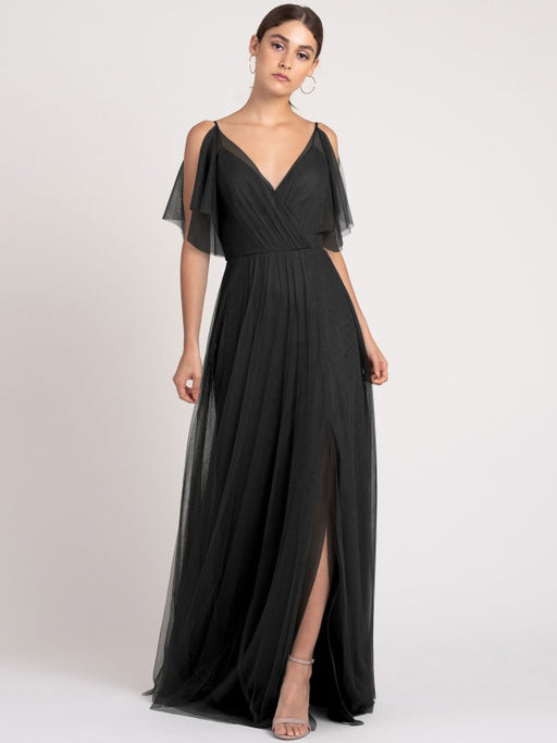 Black Evening Dress A-Line V-Neck Sleeveless Matte Satin Floor-Length Pleated Formal Party Dresses