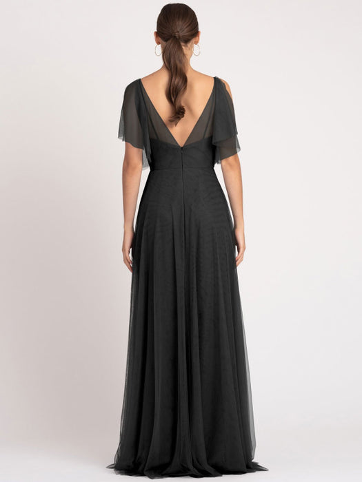 Black Evening Dress A-Line V-Neck Sleeveless Matte Satin Floor-Length — Bridelily