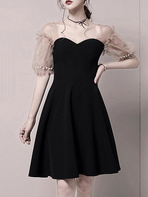 Black Evening Dress Ball Gown Sweetheart Neck Knee-Length Half Sleeves Zipper Beaded Stretch Crepe Formal Dinner Dresses
