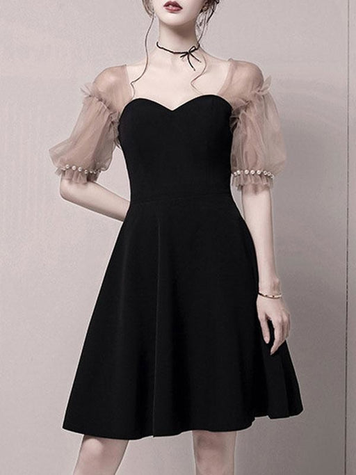 Black Evening Dress Ball Gown Sweetheart Neck Knee-Length Half Sleeves Zipper Beaded Stretch Crepe Formal Dinner Dresses
