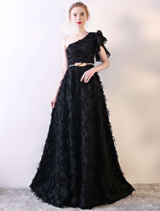 Black Evening Dress One Shoulder Prom Dress Long Lace Ruffles Floor Length Formal Dress With Sash