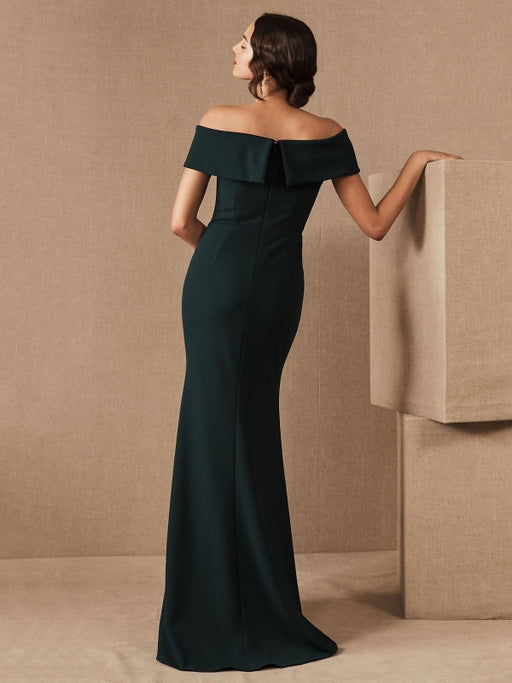 Black Evening Dress Sheath Bateau Neck Floor-Length Short Sleeves Zipper Split Front Satin Fabric Social Pageant Dresses