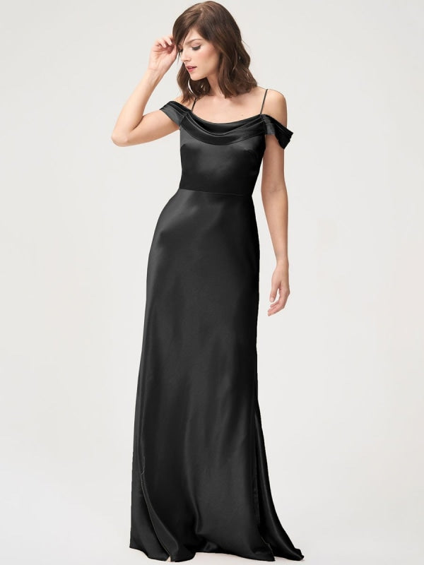 Black Evening Dress Sheath Bateau Neck Satin Fabric Floor-Length Pleated Floor-Length Formal Dinner Dresses