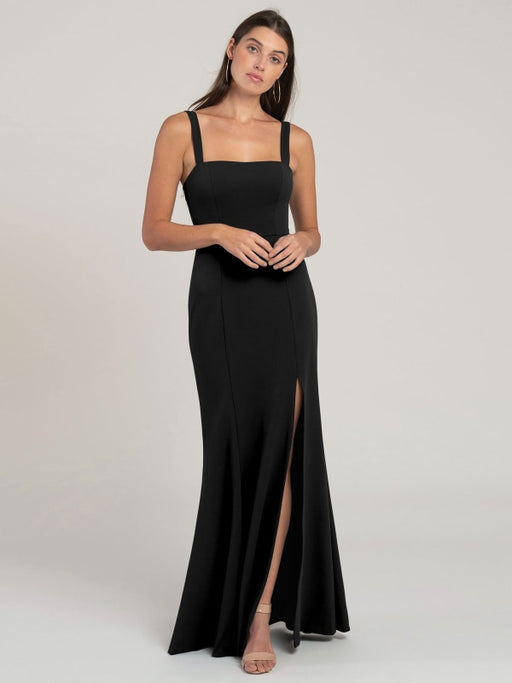 Black Evening Dress Sheath Square Neck Floor-Length Sleeveless Zipper Split Front Matte Satin Formal Dinner Dresses