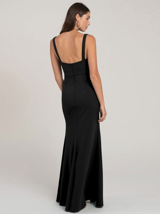 Black Evening Dress Sheath Square Neck Floor-Length Sleeveless Zipper Split Front Matte Satin Formal Dinner Dresses