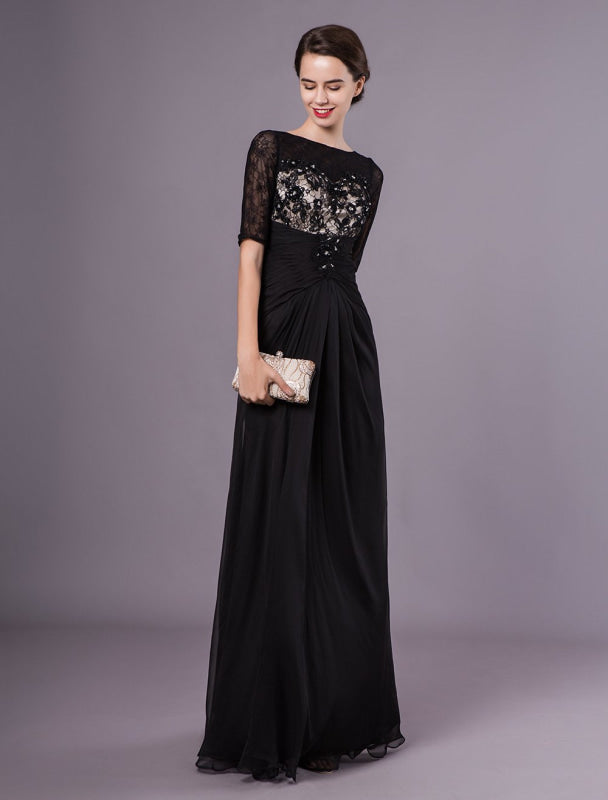 black lace and chiffon dress Black Chiffon Lace A-line Sweetheart Long Prom Dresses, Evening Gowns, MP680