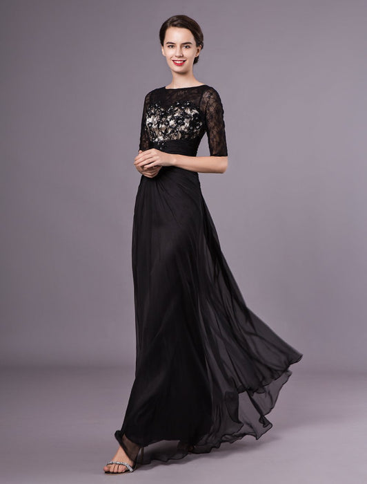Black Evening Dresses Half Sleeves Lace Beading Chiffon Long Formal Gowns wedding guest dress Bridelily Black Evening Dresses Half Sleeves Lace Beading Chiffon Long Formal Gowns wedding guest dress Bridelily