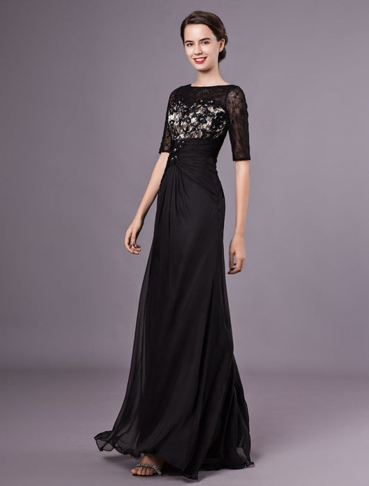 Black Evening Dresses Half Sleeves Lace Beading Chiffon Long Formal Gowns wedding guest dress