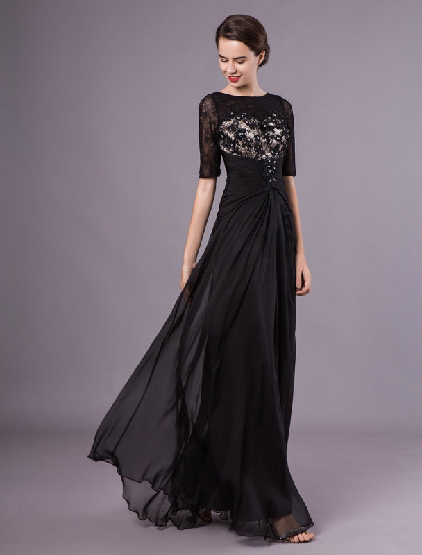 Black Evening Dresses Half Sleeves Lace Beading Chiffon Long Formal Gowns wedding guest dress Bridelily Black Evening Dresses Half Sleeves Lace Beading Chiffon Long Formal Gowns wedding guest dress Bridelily