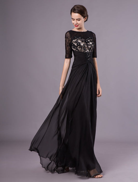 Black Evening Dresses Half Sleeves Lace Beading Chiffon Long Formal Gowns wedding guest dress Bridelily Black Evening Dresses Half Sleeves Lace Beading Chiffon Long Formal Gowns wedding guest dress Bridelily
