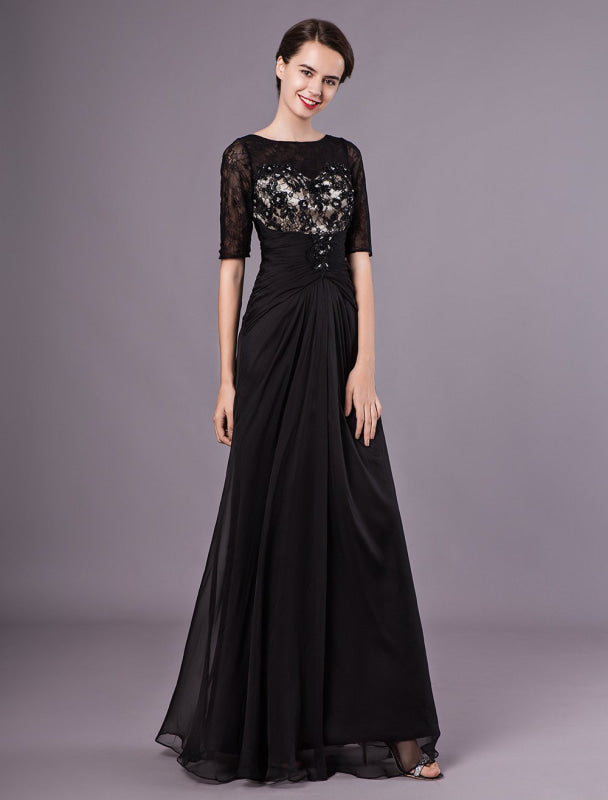 Black Evening Dresses Half Sleeves Lace Beading Chiffon Long Formal Gowns wedding guest dress — Bridelily