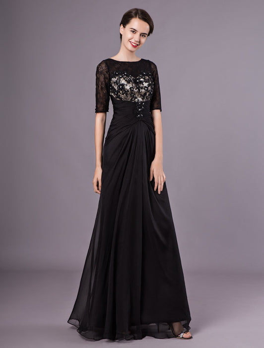 Black Evening Dresses Half Sleeves Lace Beading Chiffon Long Formal Gowns wedding guest dress Bridelily Black Evening Dresses Half Sleeves Lace Beading Chiffon Long Formal Gowns wedding guest dress Bridelily