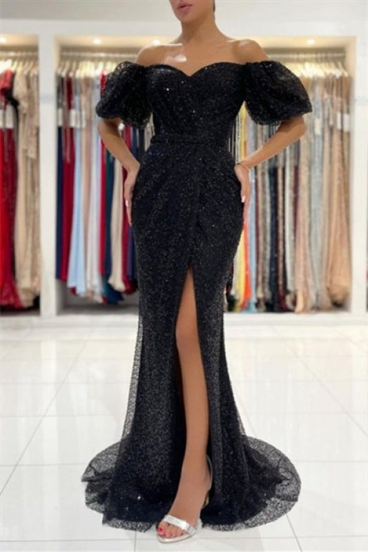 Black Evening Dresses in Long Glitter Prom Dresses with Sleeves — Bridelily
