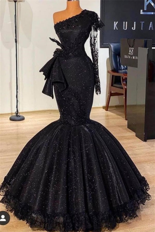 Black Glitter Mermaid Prom Dress Long Sleeves Floral Lace Party Dress - Prom Dresses