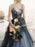Black Gothic Wedding Dresses A-Line V-neck Sleeveless Ball Gown Tulle Lace Bridal Gown