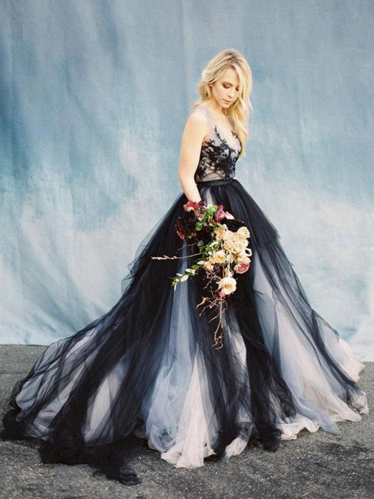 Black Gothic Wedding Dresses A-Line On Sale-Bridelily