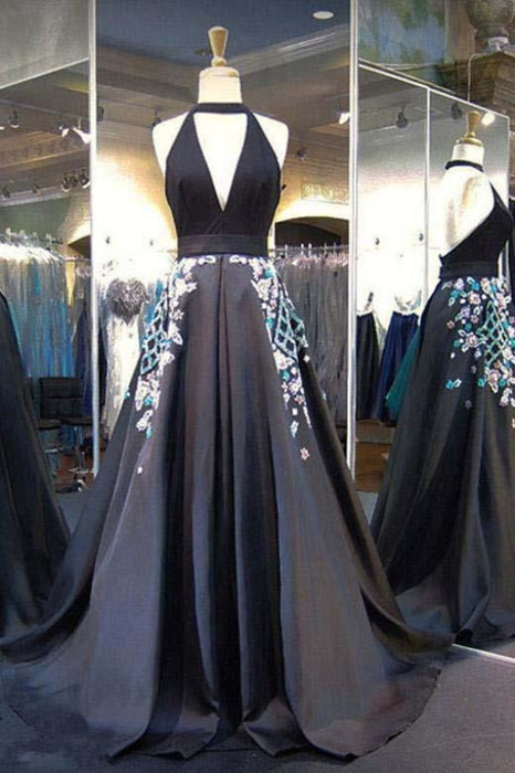 Black Halter Backless Evening Dress Deep V Neck Prom Gown with Appliques - Prom Dresses