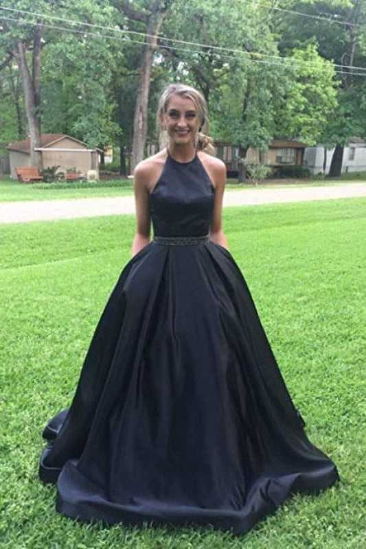 Black Halter Satin Prom Beading Long Evening Dress with Pockets - Prom Dresses