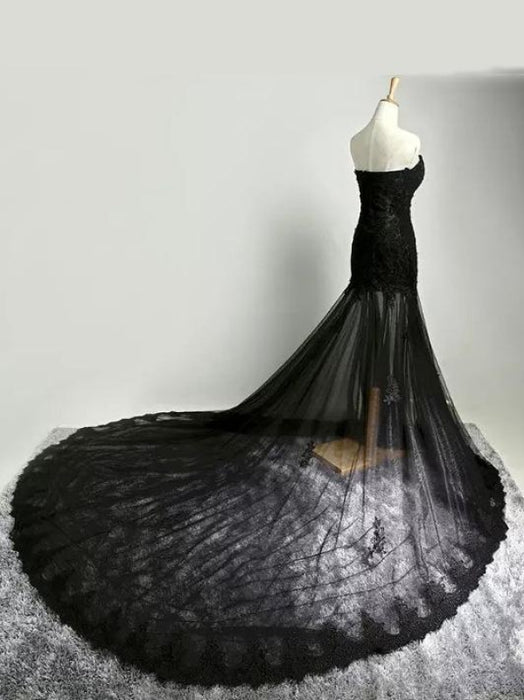 Black Lace Wedding Dress Gothic Bridal Gown Lace-Up - Bridelily Black Lace Wedding Dress Gothic Bridal Gown Lace-Up - Bridelily