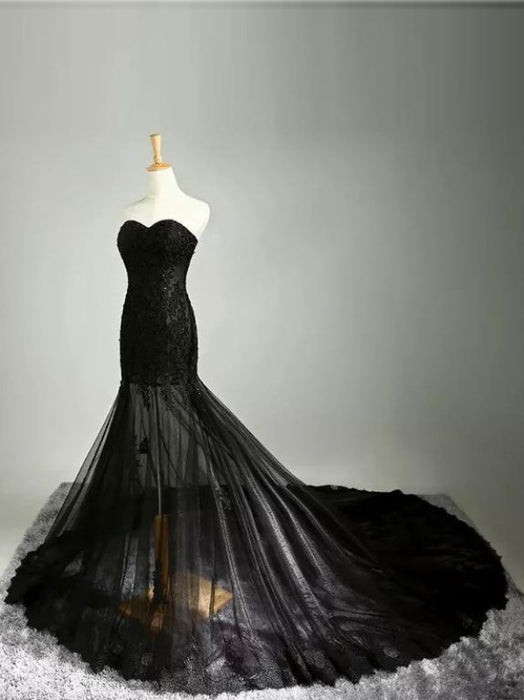 Black Lace Applique Wedding Dress Lace Up Bridal Gown - Black - wedding dresses