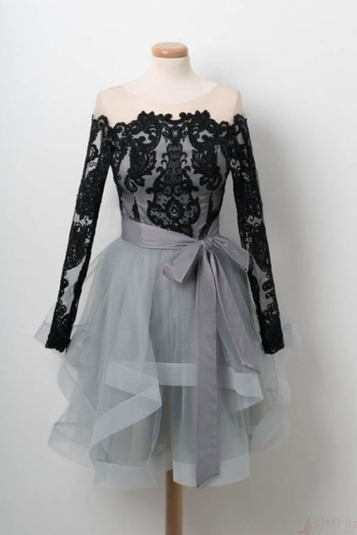 Black Lace Homecoming Dress Long Sleeve Tulle Short Graduation Dresses - Prom Dresses