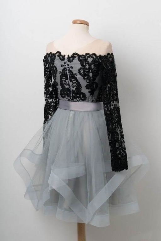 Black Lace Homecoming Dress Long Sleeve Tulle Short Graduation Dresses - Prom Dresses