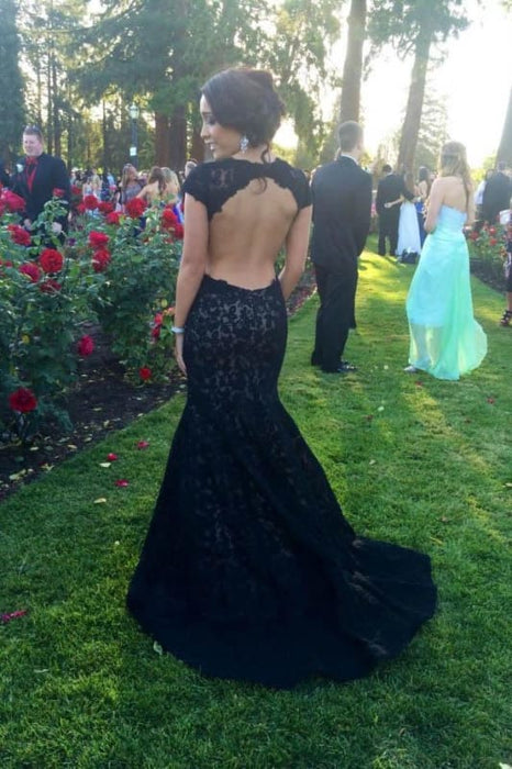 Black Lace Mermaid Dresses Open Back Cap Sleeve Long Prom Gown - Prom Dresses