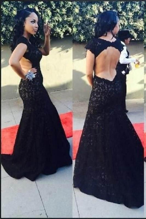 Black Lace Mermaid Dresses Open Back Cap Sleeve Long Prom Gown - Prom Dresses