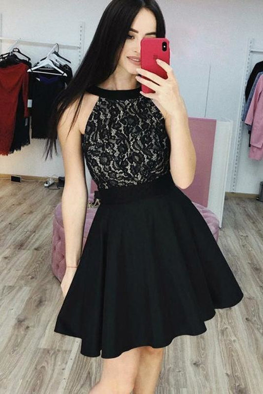 Black Lace Satin Simple Cheap Homecoming Dresses Fashion Sleeveless Short Prom Dress - Prom Dresses