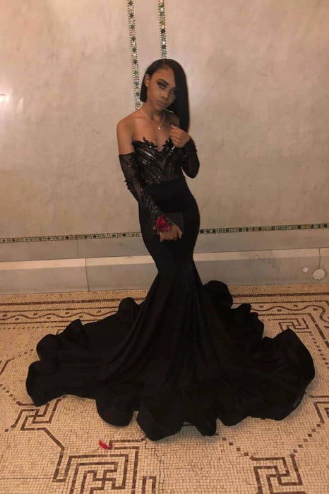 Black Long Sleeves Floor Length Mermaid Dresses - Prom Dresses