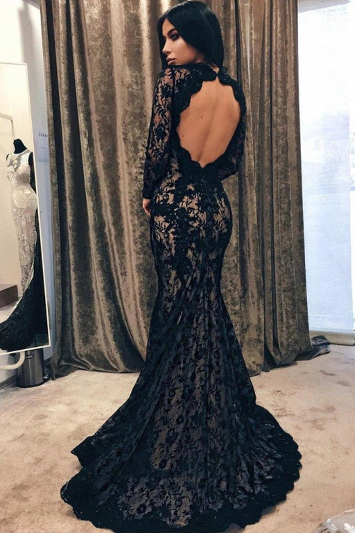 Black Mermaid Jewel Sleeve Lace Open Back Evening Dress Long Prom Gown - Prom Dresses