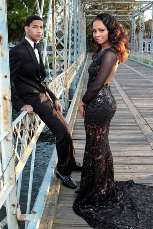 Black Mermaid Prom Dresses Long Sleeves Lace Sheer Evening Gowns - Prom Dresses