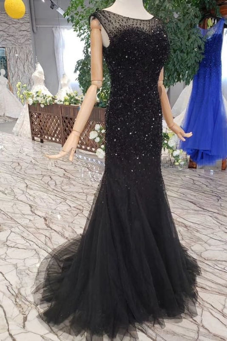 Black Mermaid Tulle Prom Dress with Sequins Sparkly Sleeveless Evening Dresses - Prom Dresses