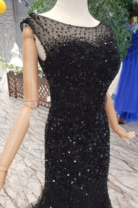 Black Mermaid Tulle Prom Dress with Sequins Sparkly Sleeveless Evening Dresses - Prom Dresses