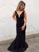 Black Mermaid V Neck Backless Long Prom Dresses with Sweep Train, Mermaid Black Formal Dresses, Evening Dresses