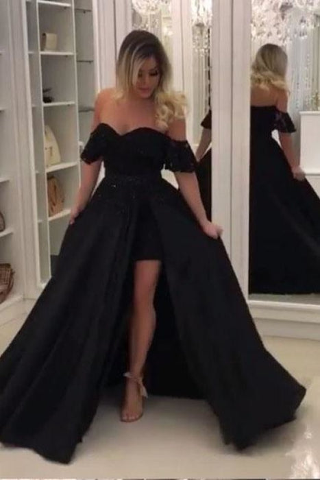 Black Off Shoulder Long Evening Unique Split Prom Dress with Lace - Prom Dresses