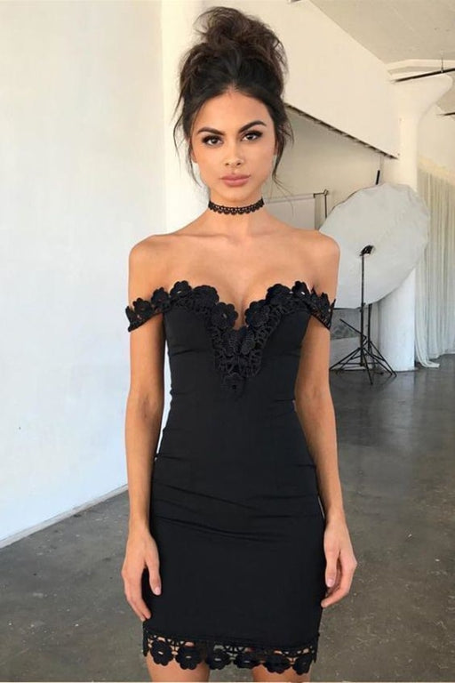 Black Off the Shoulder Sheath Short Formal Dresses Sexy Homecoming Dress with Lace - Prom Dresses