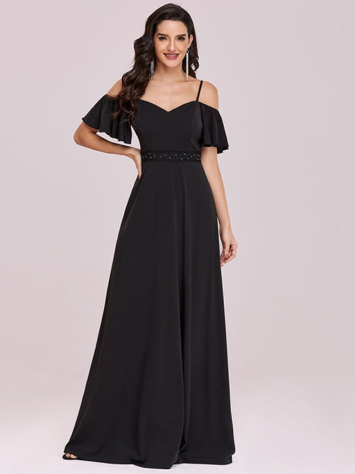 Black Prom Dress A-Line V-Neck Polyester Sleeveless Ruffles Zipper Backless Maxi Pageant Dresses