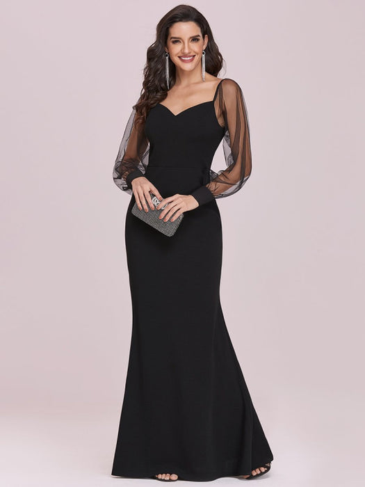 Black Prom Dress Mermaid V-Neck Satin Fabric Long Sleeves Backless Tulle Satin Fabric Party Dresses