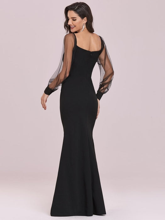 Black Prom Dress Mermaid V-Neck Satin Fabric Long Sleeves Backless Tulle Satin Fabric Party Dresses