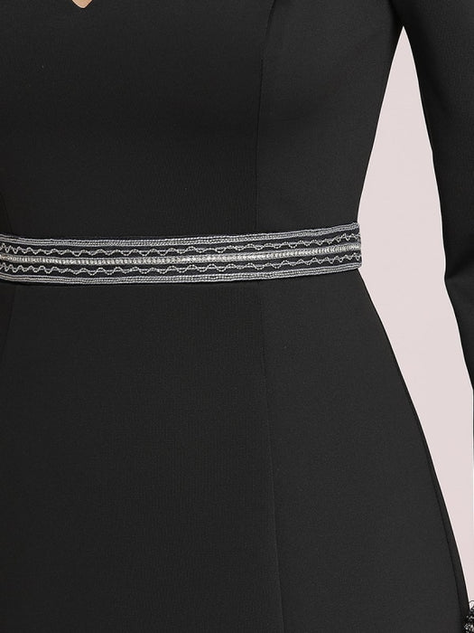 Black Prom Dress Satin Fabric V-Neck Mermaid Long Sleeves Sash Floor-Length Evening Dresses