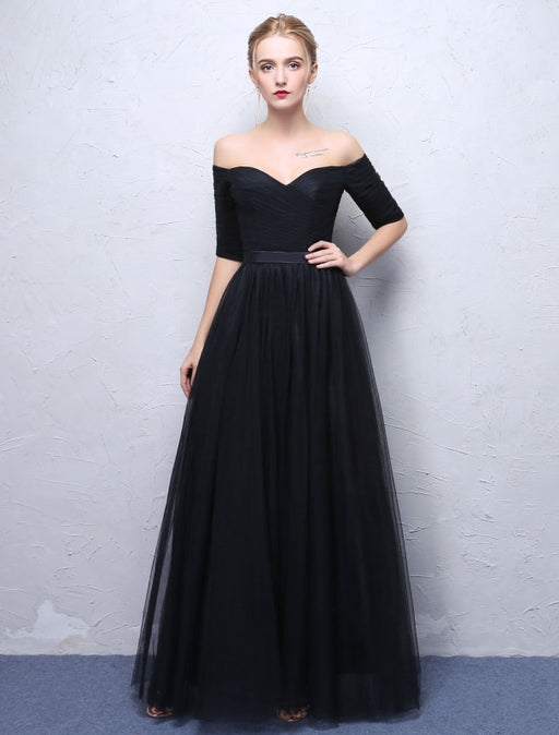 Black Prom Dresses 2021 Long Off The Shoulder Evening Dress Half Sleeve Pleated Maxi Formal Gowns