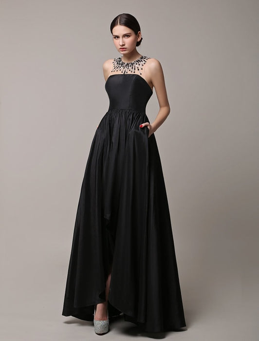 Black Prom Dresses 2021 Long Wedding Dress High Low Beading Illusion Neckline Taffeta Evening Dress Wedding Guest Dress Milanoo