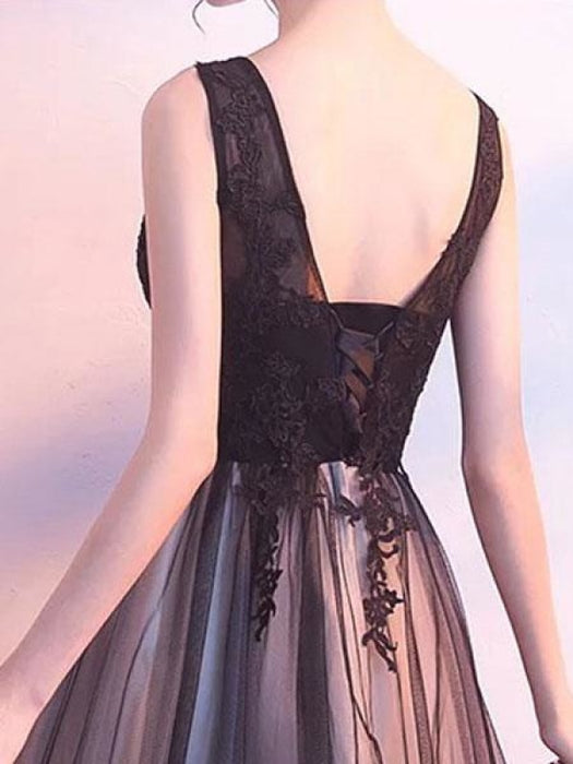 Black Prom Dresses Long V Neck Lace Tulle Sleeveless A Lien Floor Length Formal Evening Dress