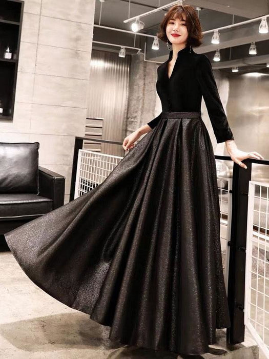 Black Prom Dresses Long V Neck Velvet Satin Patchwork Maxi Formal Gowns
