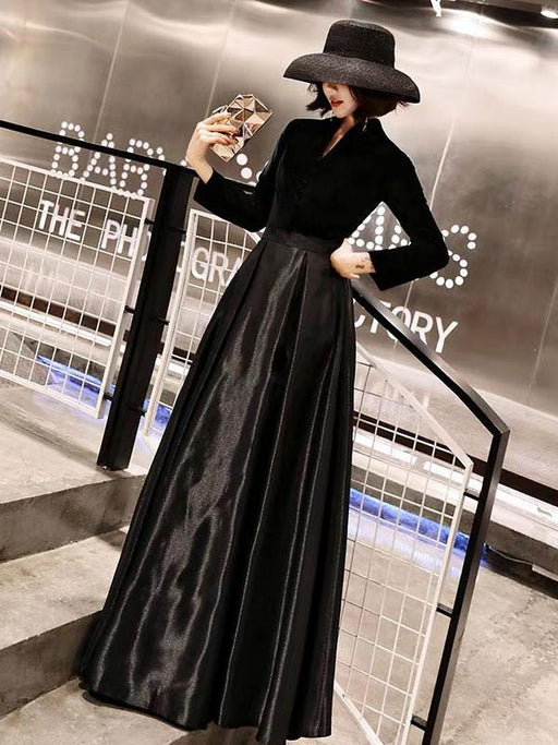 Black Prom Dresses Long V Neck Velvet Satin Patchwork Maxi Formal Gowns