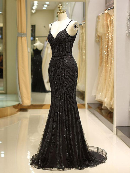 Black Prom Dresses Mermaid Luxury Heavy Beaded Straps Long Formal Evening Dress