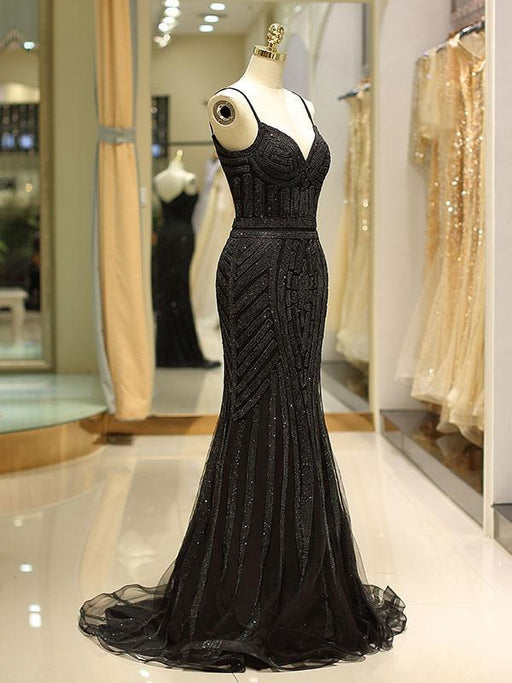 Black Prom Dresses Mermaid Luxury Heavy Beaded Straps Long Formal Evening Dress
